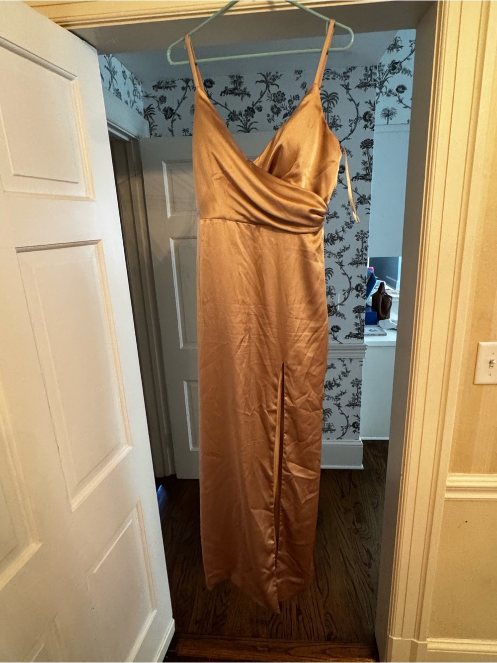 Revelry Satin Cowl Slip Maxi Dress in Champagne Gold